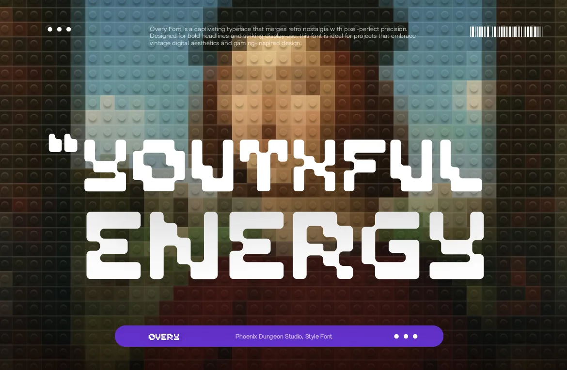 Overy pixel font on a campaign poster with photography, one brand asset used across several media