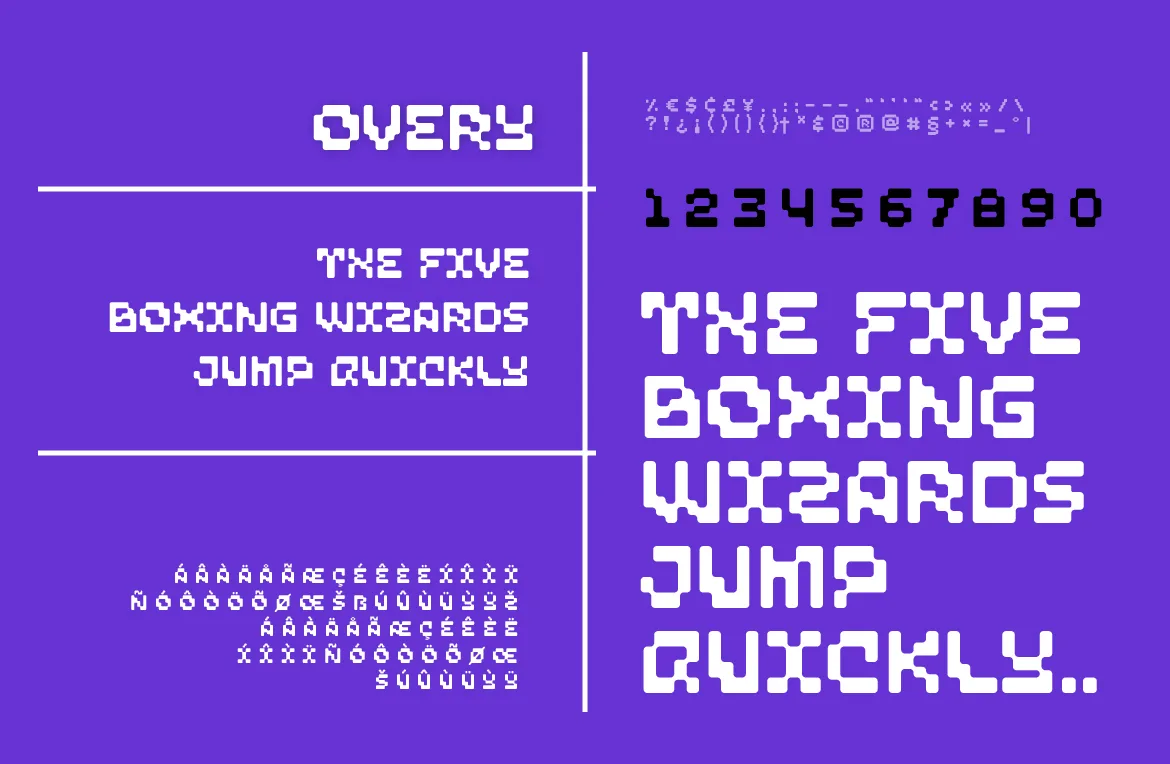 Overy pixel font glyph set: uppercase, numerals and accented characters