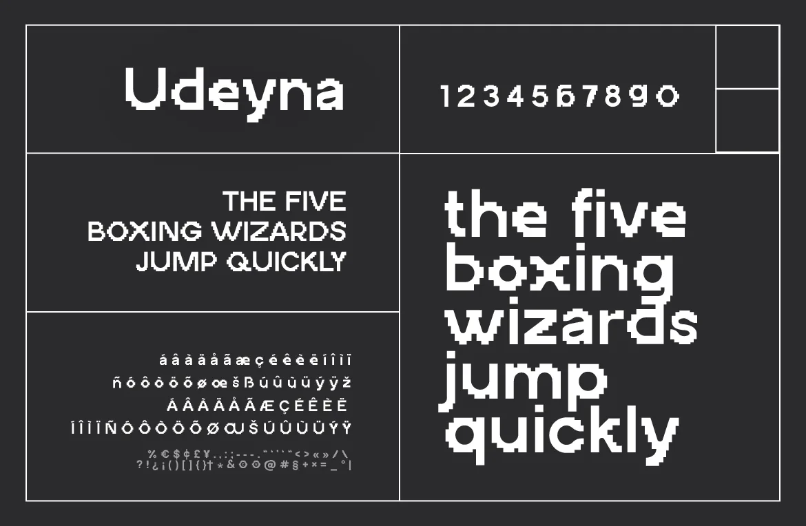Udeyna pixel font glyph set with a large pangram for readability comparison