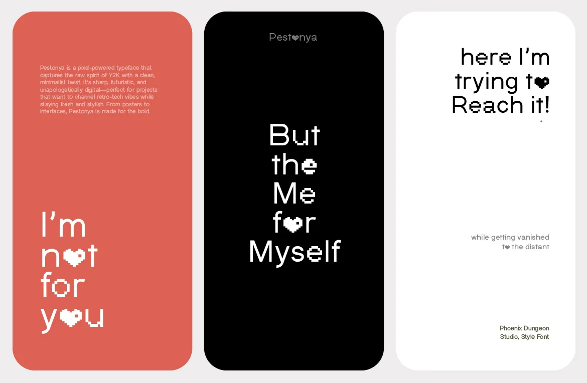 Pestonya pixel font on mobile screen mockups, used for short headlines only