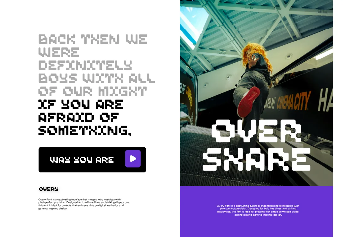 Overy pixel font on a poster reading "Overshare" over a street fashion photo