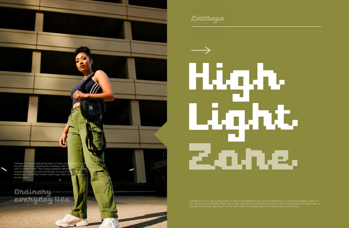 Cattreya pixel font in a streetwear-style lookbook layout with a street photo